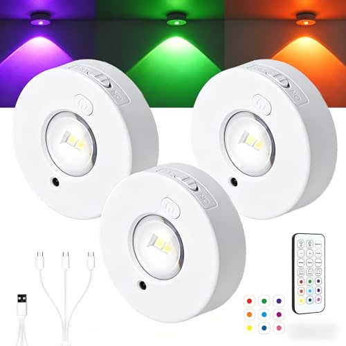 RAHAN Vitrinenbeleuchtung LED Kabellos mit Fernbedienung, RGB Farbwechsel LED Spot Batterie Schrankbeleuchtung Akku DimmbarUnterbauleuchte Küche USB Aufladbar mit Timer Magnetisch Rund, 3 Pack