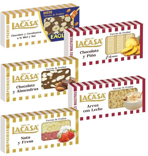 Pack Surtido 5 Turrones Lacasa:Chocolate y Almendras, Arroz con Leche, Chocolate y Piña, Nata y Fresa,Cacahuete Eagle