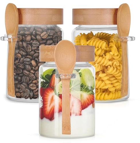 Pravara 3 Pack 450ML Glass Storage Jars with Airtight Wooden Screw Lids and Spoon, Jars for Overnight Oats Glass Spice Tea Coffee Sugar Food Storage with Bamboo Lids