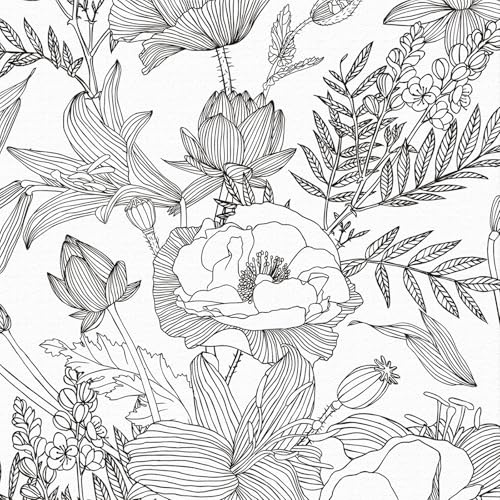 Papier Peint Floral Noir et Blanc, 44 x 300 cm Papier Peint Autocollant Noir et Blanc Lys Lotus Feuille Botanique Bohême Papier Autocollant pour Meuble,Chambre,Salon,Salle de Bain,Cuisine,Toilette