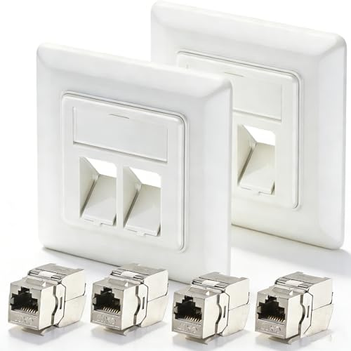Silkwish 2X 2-Port CAT 7 Netzwerkdose Unterputz + 4 x CAT 7 Keystone RJ45 Modul - LAN Ethernet Keystone Dose Buchse Einbaubuchse max. 10 Gbit/s STP, Weiß