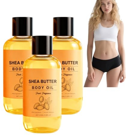 Huile corporelle au beurre de karité avec vitamine E et huile d'amande - Hydratant profond pour peaux sèches et sensibles, nourrissant et hydratant pour une peau sèche et éclatante (3 bouteilles)