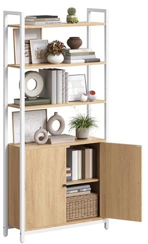 VASAGLE Librería de 6 Niveles, Estantería Vertical con Puerta, Marco de Metal, Estantes Ajustables, para Salón, Dormitorio, 60A, Roble Dorado y Blanco Mate LLS133YA01