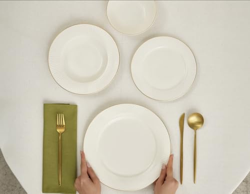 Karaca Stream Bone China Massimo 24-Piece Dinner Set for 6 People, Elegant White Tableware with Refined Gold Trim, Includes Round Dinner Plates, Side Plates, Pasta and Soup Bowls