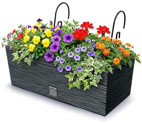 GEEZY Ribbed Balcony Planter for Railing, 39.5 cm - Weatherproof Hanging Plant Pot with Insert - Outdoor Plant Pots & Over Fence Planters