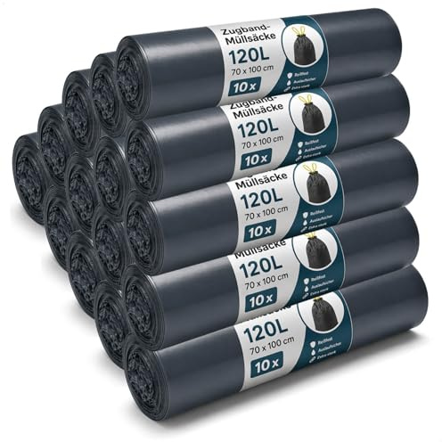 com-four® 200x Müllsäcke 120L mit Zugband, reißfeste Müllbeutel 70 x 100cm | extra starke Abfallsäcke flüssigkeitsdicht und verschließbar - für Haushalt - Garten und Gewerbe