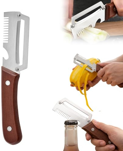 Multi-Functional Vegetable Peeler, 2026 New 3-in-1 Wooden Handle Peeler & Bottle Opener & Julienne Peeler, Ergonomic Potato Peeler & Fruit Slicer for Carrot, Apple, Kiwi, Orange (1)