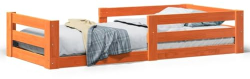 Qnhdfrt Massivholzbett 75x190 cm aus Kiefernholz, stabiles Bettgestell mit Lattenrost, rustikales Design, für Schlafzimmer, wachsbraun, ohne Matratze