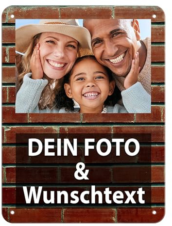 Blech-Schild mit Foto und Text selbst gestalten/Personalisierbar mit eigenem Bild als Metall-Poster / A5 (15x20cm) im Hochformat/Ziegel 2