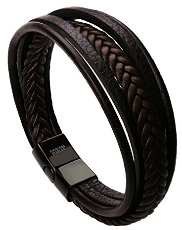 murtoo Bracelet for Man Cowhide Genuine Leather Women Unisex Cuff Wrap Bracelet Brown Black Multi-Layer Magnetic Clasp Rope Wristband (Brown, 7.5'')
