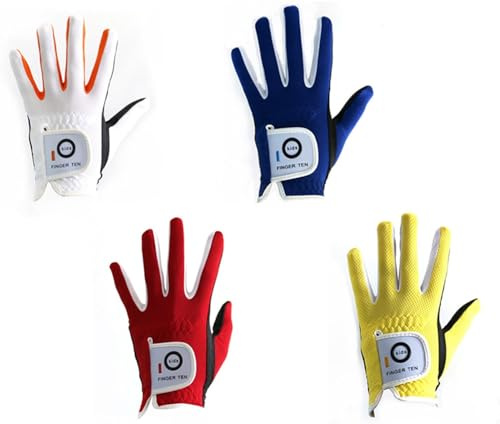 FINGER TEN Golf Gloves Kids Rain Grip 2 Pack | Left or Right Hand, Durable Wear Resistant Palm, Breathable Lightweight Fit, Color in Blue Red Yellow White