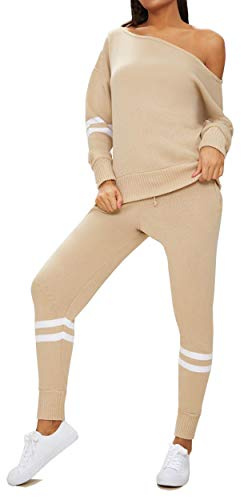 Ladies Women Long Sleeve Bardot Top Stripe Detail Jogger Knitted Lounge Set Tracksuit