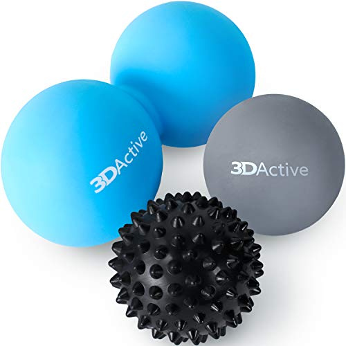 3DActive Massageboll set för djupvävsmassage, triggerpunktsterapi, plantar fasciit, myofascial frisättning, rörlighet och muskelåterhämtning. Set med 3 massagebollar med bärväska (svart, grå, blå)