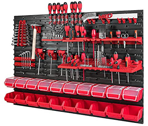 PAFEN Werkzeugwand mit Stapelboxen - 1152 x 780 mm - Lagersystem Set Werkzeughaltern und 20 Stück Box - Wandregal Werkstattregal Lochwand Schüttenregal Sichtlagerkästen