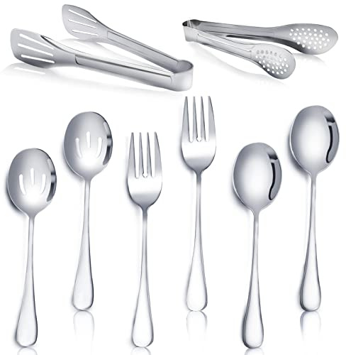 Dmoera 8 pezzi di posate in acciaio inox, include 2 cucchiai da portata, 2 cucchiai scanalati, 2 pinze e 2 forchette per feste, buffet, banchetti, cucina (argento)