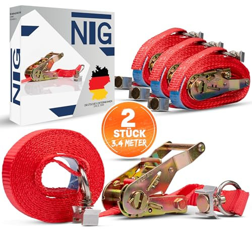 2 Stück Zurrgurte für Airlineschiene | Zweiteilig mit Ratsche | mit Endbeschlag Fitting einfach | 3400mm | 1500 KG | Spanngurte | DIN EN 12195-2