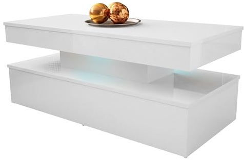 Mirjan24 Couchtisch Serkuzo 120 mit Blauer LED (Weiß Hochglanz) | Moderner Sofatisch mit Ablagefach und Antirutschfüßen, B/H/T: 120/50/55 cm