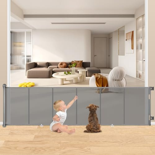 MYPIN Extra brett dörrskyddsgaller, utdragbart, 0–254 cm trappskyddsrullgardin hund, dörrgaller och baby, trappskydd, infällbar dörr, utdragbart barn, skyddsgaller för inomhus- och utomhusbruk, grå