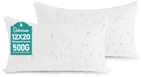 Oubonun 12x20 Outdoor Pillow Inserts (Pack of 2) - Square Waterproof Throw Pillow - Decorative Throw Pillows Insert for Couch Sofa Bed Patio Furniture - White Pillows