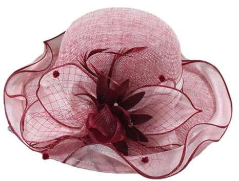 Suwequest Eleganter Sonnenhut mit großer Krempe, Chiffon, Organza, Blume, Spitze, Damenhut, Hochzeit, Party, Kirche, rot, Einheitsgröße
