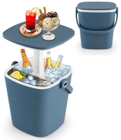 COSTWAY Table Glacière 15L pour Jardin 3 en 1 avec Couvercle Relevable, Seau à Glace d'Extérieur en PP Résistant aux Intempéries avec Compartiment Pince à Glace pour Piscine Terrasse (Bleu)