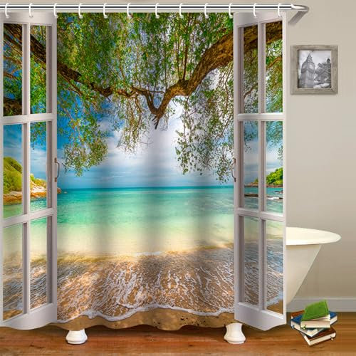 FAIRYGATE Duschvorhang Meer Strand Duschvorhang Badewanne 180x180cm Antischimmel Textil Wasserabweisend Waschbar Polyester Stoff Badevorhänge mit 12 Duschvorhangringe für Badezimmer B8811
