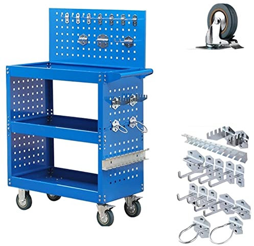 OJXIER Rollbarer Werkzeugwagen, Servicewagen, 3-stufiger Werkzeugwagen aus Metall und Stahl mit Rädern für Mechaniker, Wagen für Autoreparaturteile (Luxusblau + Rückwand)