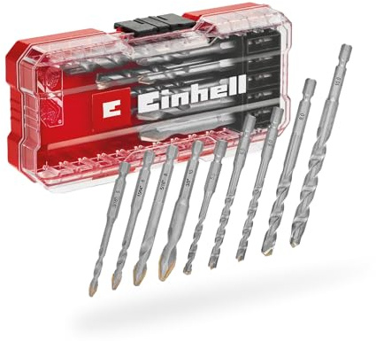 Einhell S-CASE - Juego de 10 brocas de carburo para azulejos (hechas de acero para herramientas, placa de carburo especialmente molida, punta central, doble hélice, vástago E 6.3, incluye caja de