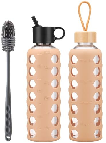 BLUEGO Borracce in vetro, 700ml Bicchiere in vetro, Bottiglie per bere con 2 coperchi, Bottiglia per l'acqua sportiva con custodia in silicone, A prova di perdite, Ambra