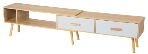 Mitoydoe TV-Ständer, 120 cm, TV-Ständer, ausziehbarer TV-Schrank, Entertainment-Center mit 2 Schubladen und offenem Regal, Fernsehständer, TV-Tisch, Medienkonsole für Wohnzimmer Hellbraun