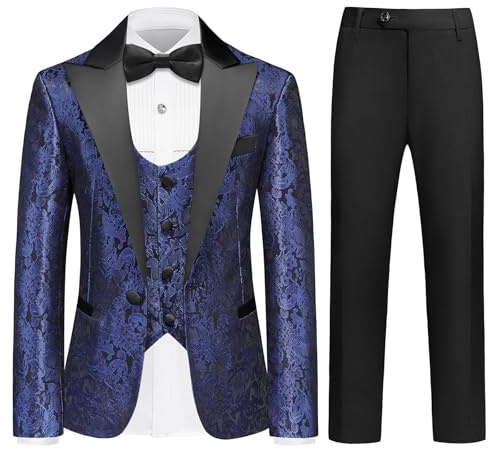 Lamgool Boys Tuxedo Suits 5 Piece Slim Fit Kids Floral Jacquard Formal Set Size 12 with Blue Blazer Shirt Vest Pants Bow Tie for Wedding Prom