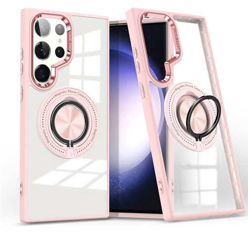 Kainevy for Samsung S25 Ultra Case Clear Magnetic with Metal Stand Ring Holder for MagSafe Phone Cover for Samsung Galaxy S25 Ultra Case Thin Hard Military Grade Shockproof Protective (Pink)