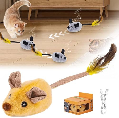 Hailmkont Magic Maus Katzespielzeug, Elektrische Maus für Katzen, Katzenspielzeug Elektrisch Spielmaus mit Federschwanz, Katzenspielzeug Mäuse Elektrisch, Interaktive Spielzeug Maus für Katze (Gelb)