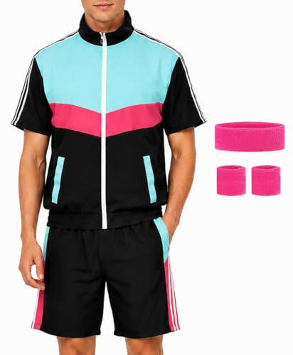 Coseaon 80er 90er Jahre Outfit für Herren Trainingsanzug Shorts Set Herren 80s 90s Retro Jacke Outfits Kostüm für Party