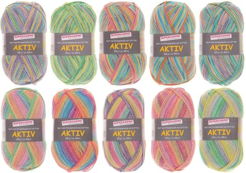 SUPERGARNE Sockenwolle mit Baumwolle Aktiv Cotton – 1000 g (10x100g), Strapazierfähig, Maschinenwaschbar, Made in Italy, Ideal für Socken und Strickprojekt (SPRING)