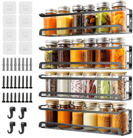 SEGNAYEN Spice Rack Organiser, Spice Rack Wall Mounted, Metal Kitchen Storage Shelves with Hooks, Seasoning Organizer for Kitchen Storage and Organisation, Black, 4 Pack