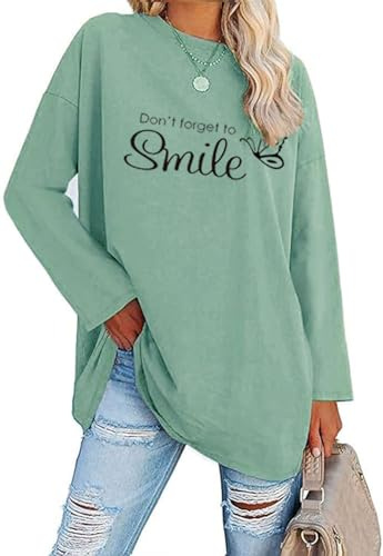 Teesho Damen Langarmshirt Oversize | 100% Baumwolle | Bedrucktes Longshirt als Pullover | Loses Oberteil für Casual Style | Tunika-Look (Hellgrün/XXL)