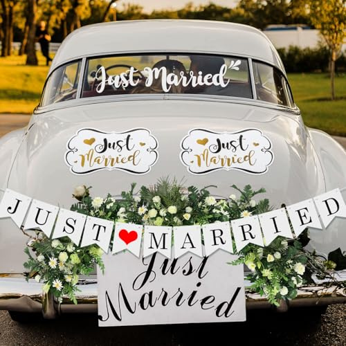 4 Stück Just Married Hochzeitsdeko Automagnete Aufkleber Folie Girlande Banner Autofensteraufkleber für Hochzeitsauto Autoaufkleber Heck Autoschmuck Wandtattoo Hochzeit Trauung Heiraten Dekoration