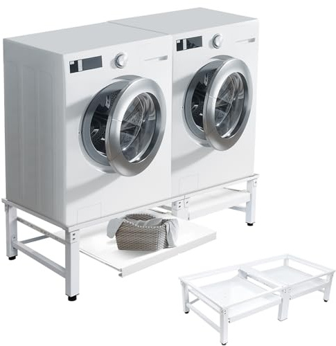 Pedestal para lavadora con 2 estantes extraíbles, estructura doble de metal estable (máx. 300 kg), 2 zócalos para debajo del armario para secadora/frigorífico, 124 (largo) x 58 (ancho) cm, color