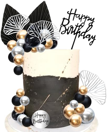 Ephlyn Balls Cake Toppers Acrylic Happy Birthday Cake Decorations Ginkgo Leaf Palm Leaves Fan Cake Toppers for Boho Theme Birthday Wedding Baby Shower Party Decoration Black Gold Silver