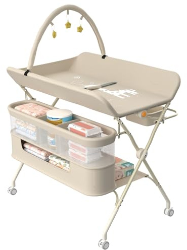 HUOLE Wickelstation mit Seitenkorb, höhenverstellbarer tragbarer Wickeltisch mit feststellbaren Rädern, multifunktionaler Aufbewahrungs-Organizer fürs Kinderzimmer,75 x 68 x 83–91 cm (B) Cremeweiß