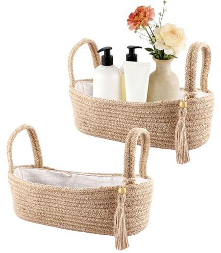 LDHHYH 2 Stück Kleiner Aufbewahrungskorb, 31x12x10CM Gewebter Aufbewahrungskorb, Korb Aufbewahrung, Beige Korb Geflochten, Aufbewahrungskorb Geflochten für Badezimmer, Regal & Wohnzimmer