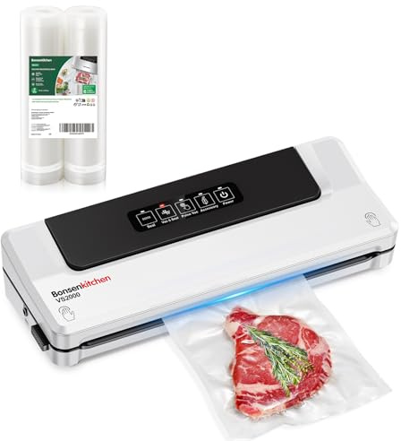 Bonsenkitchen Vakuumier-Komplettset in Weiß Vakuumiergerät (4-in-1) mit 2 Profi-Rollen 28cm x 6m Für große Lebensmittel, flexibel zuschneidbar, inkl. Schlauch & 5 Starter-Beuteln