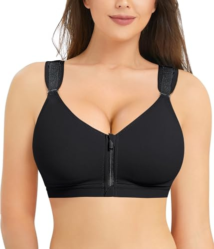 Junlan Post Surgery Front Fastening Sports Bra for Women Full Coverage Compression Bras with Breast Support Wirefree (Black,M)