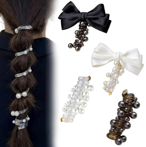 Gaodercha 4Pcs Telephone Wire Hair Ties Bow Spiral Hair Ties with Beads Bow Artificial Pearl Phone Cord Shape Hairs Bands Fashionable and Elegant Women's Accessory for Ponytails and Braids