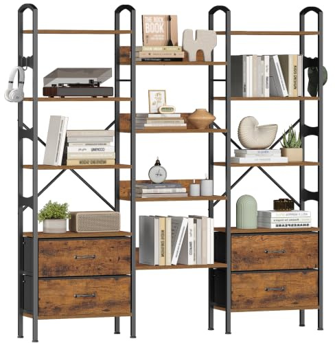 Fobyfurny Bücherregal Regal, 158 x 24 x 166 cm, Rustikalbraun und Schwarz | Standregal mit 12 Ablagen und 4 Stoffschubladen, Metallrahmen, für Wohnzimmer, Home Office, Arbeitszimmer, FFSG002FX1
