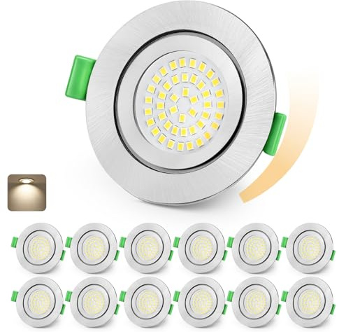 KYOTECH LED Einbaustrahler 230V Dimmbar 60-75mm IP65 Nicht Drehbar 12er Set | Nickel Ultra Flach LED Spots, 5W Bad Einbauleuchten Deckenspots, Neutralweiß 4000K Einbauspots für Badezimmer Wohnzimmer