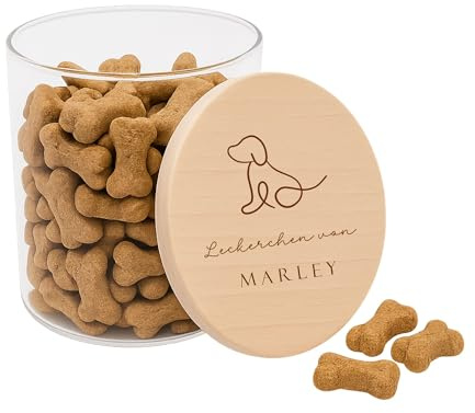 KT-Schmuckdesign Leckerliglas Hund personalisiert mit Name – Vorratsglas mit Holzdeckel & Gravur – Hundeleckerlie Aufbewahrung – Geschenk für Hundebesitzer, Hundefreunde & Tierliebhaber