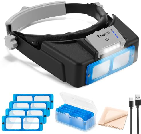 Exgoon Magnifying Glass with Light, 1.5X-3.5X Adjustable Headband Magnifier | Rechargeable LEDs with 2 Levels, 4 Acrylic Lenses, Lightweight, Hands Free Magnify Glasses for Hobbies Jewellers Close Work