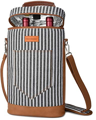 Kato Tirrinia Insulated Wine Cooler Bag Leakproof Padded Portable Wine Carrier with Shoulder Strap 2 Bottle Wine Bag for Camping Travel Beach Picnic Gift for Wine Lovers Stripe Printed